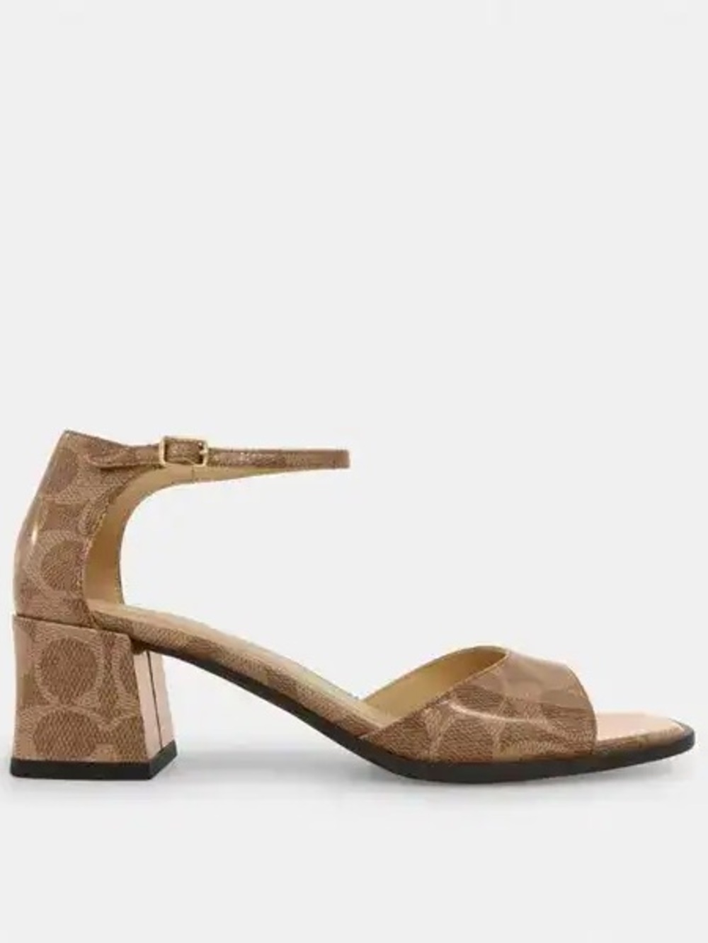 Coach Brown Signature Block Heel Sandal with Ankle Strap Patent